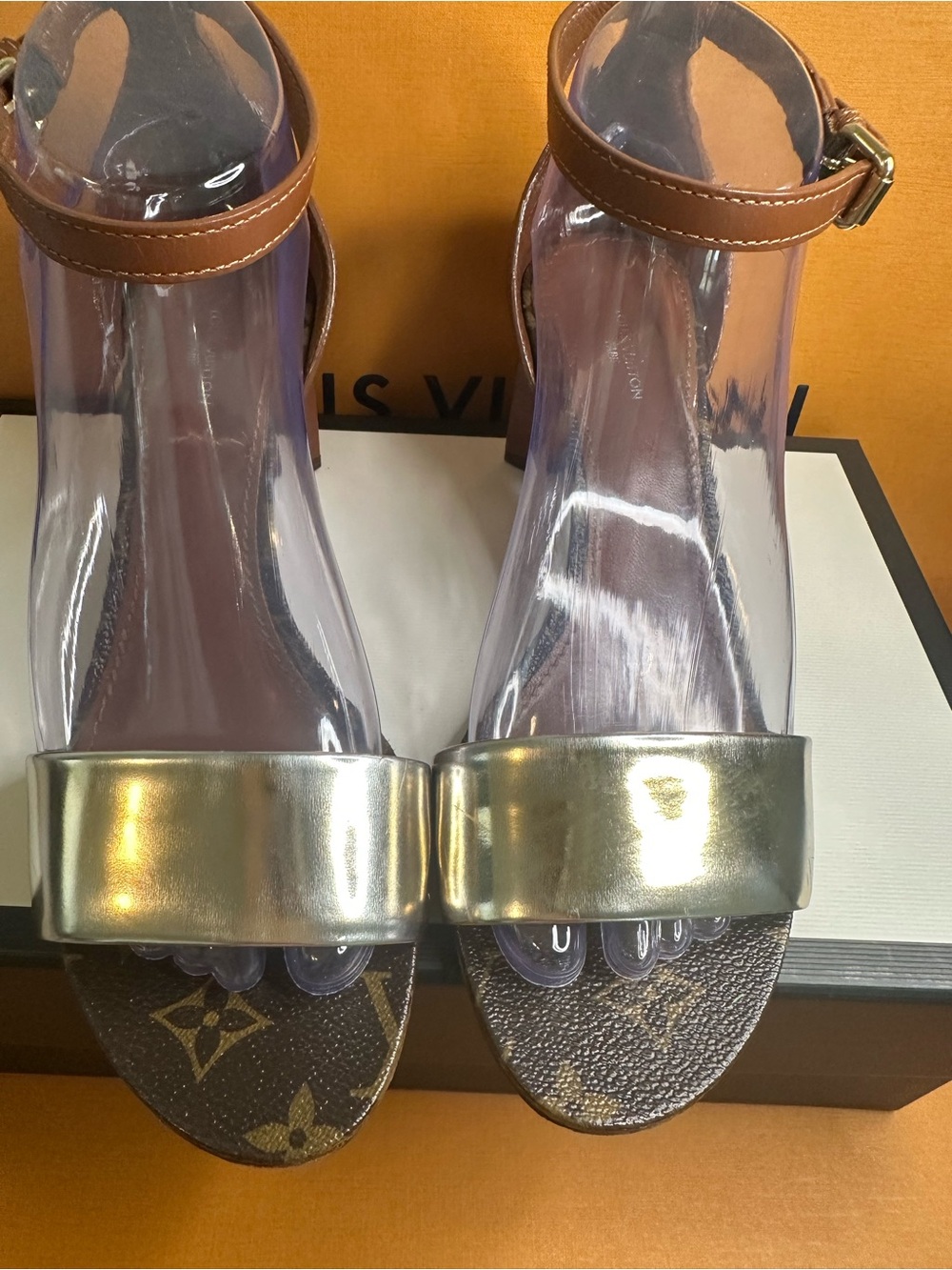 Louis Vuitton Brown and Gold Clear Ankle-Strap Block Heels - Picture 6 of 8